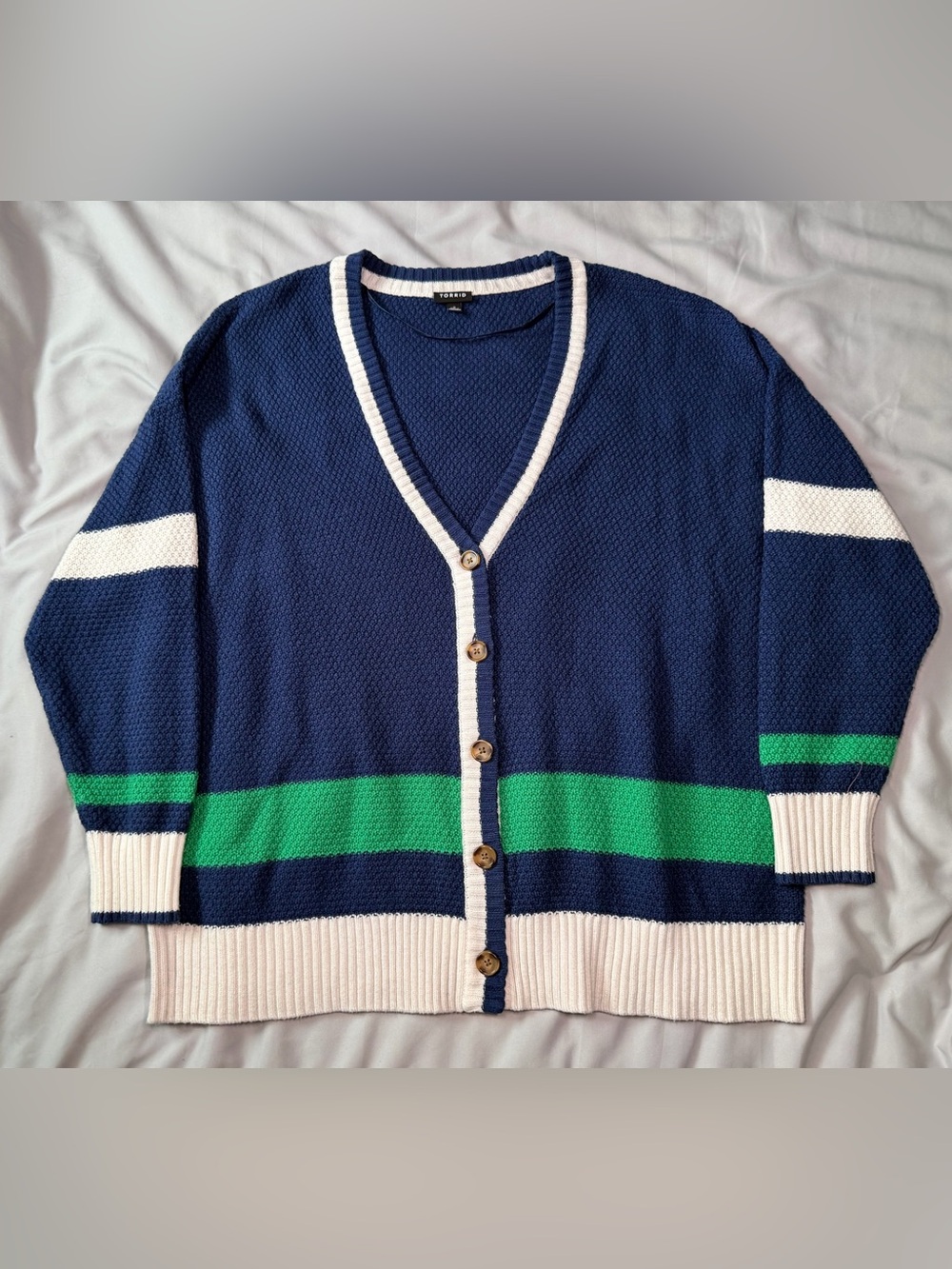 Torrid Drop Shoulder Cardigan Blue Green Varsity Stripe Size 2 (2X)